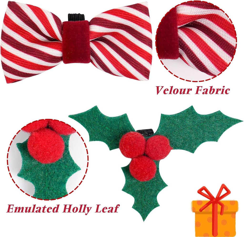2 Pack Christmas Kitten Collars with Bell, Xmas Holly Bowtie Design