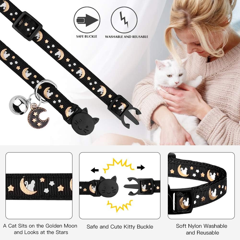 2Pcs Breakaway Cats Collars Cat Collars for Boy Cats Moons Adjustable Kitten Collars with Bell & Pendant Glow in the Dark,Black+Blue