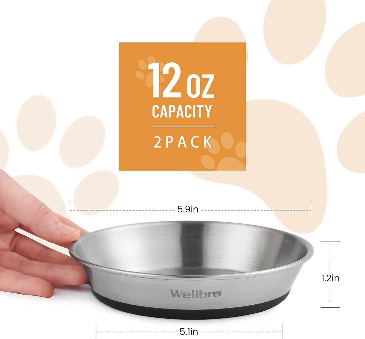 Cat Bowls, 304 Stainless Steel Non-Slip Wide Shallow, 2 Pack