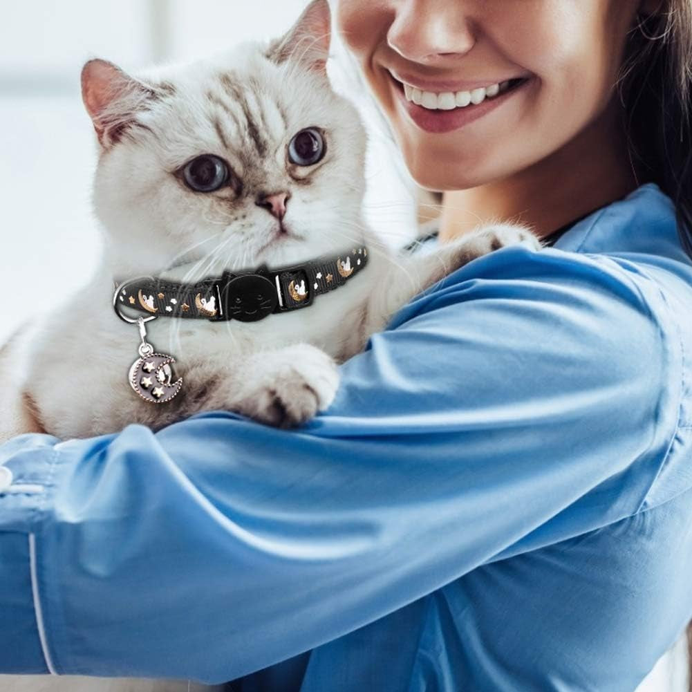 2Pcs Breakaway Cats Collars Cat Collars for Boy Cats Moons Adjustable Kitten Collars with Bell & Pendant Glow in the Dark,Black+Blue