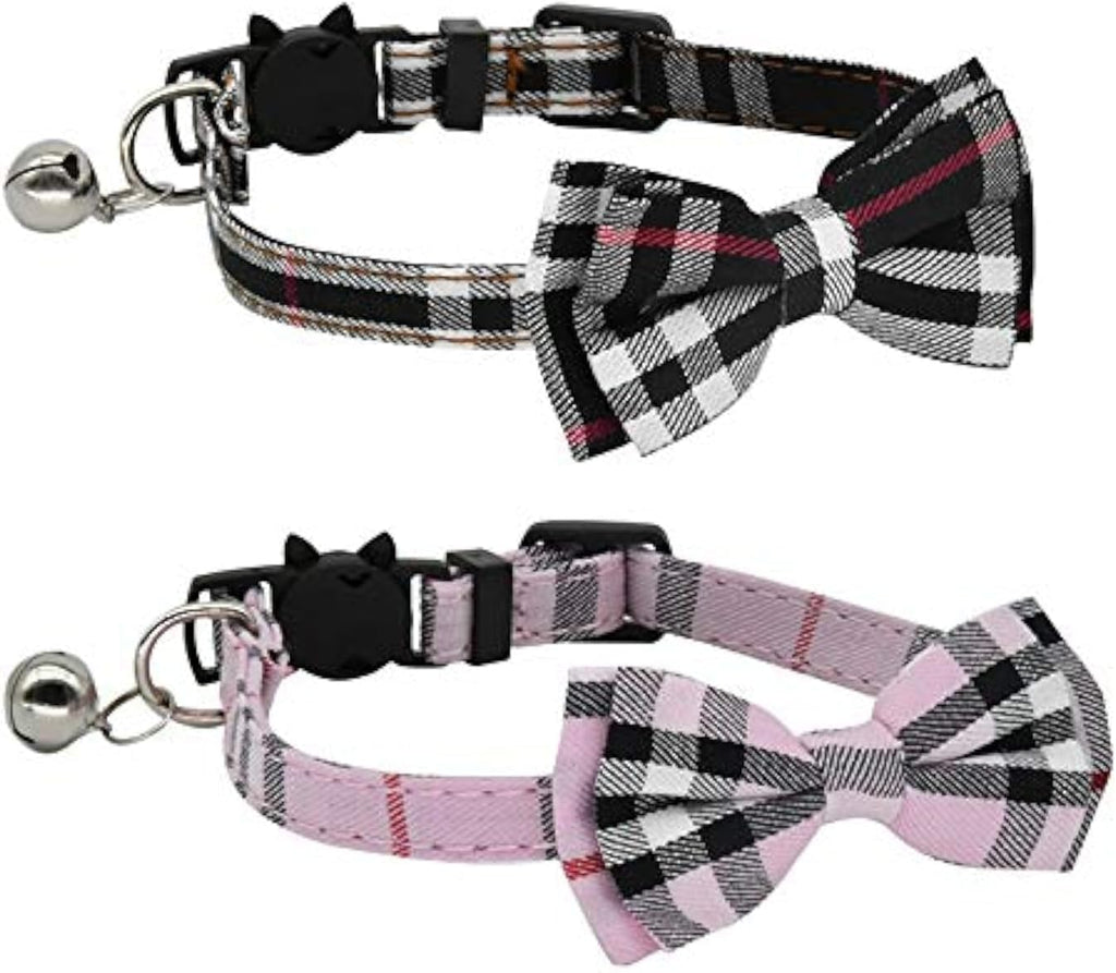 2 Pack/Set Cat Collar Breakaway with Cute Bow Tie and Bell for Kitty and Some Puppies, Adjustable from 7.8-10.5 Inch (Black+Pink)