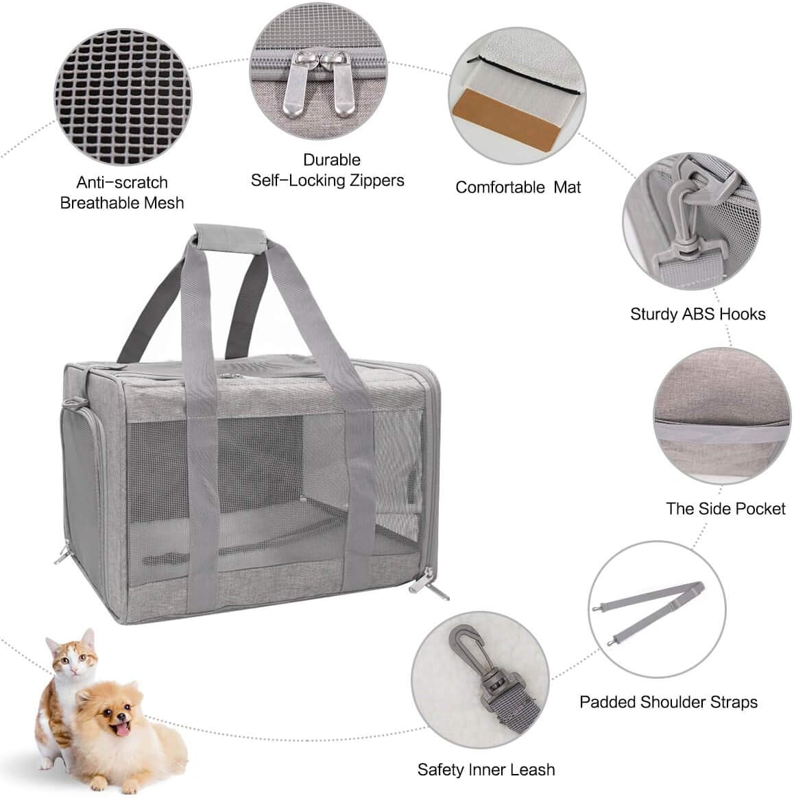 Cat Carriers Dog Carrier Pet Carrier for Small Medium Cats Dogs Puppies up to 15 Lbs, Airline Approved Small Dog Carrier Soft Sided, Collapsible Travel Puppy Carrier - Grey