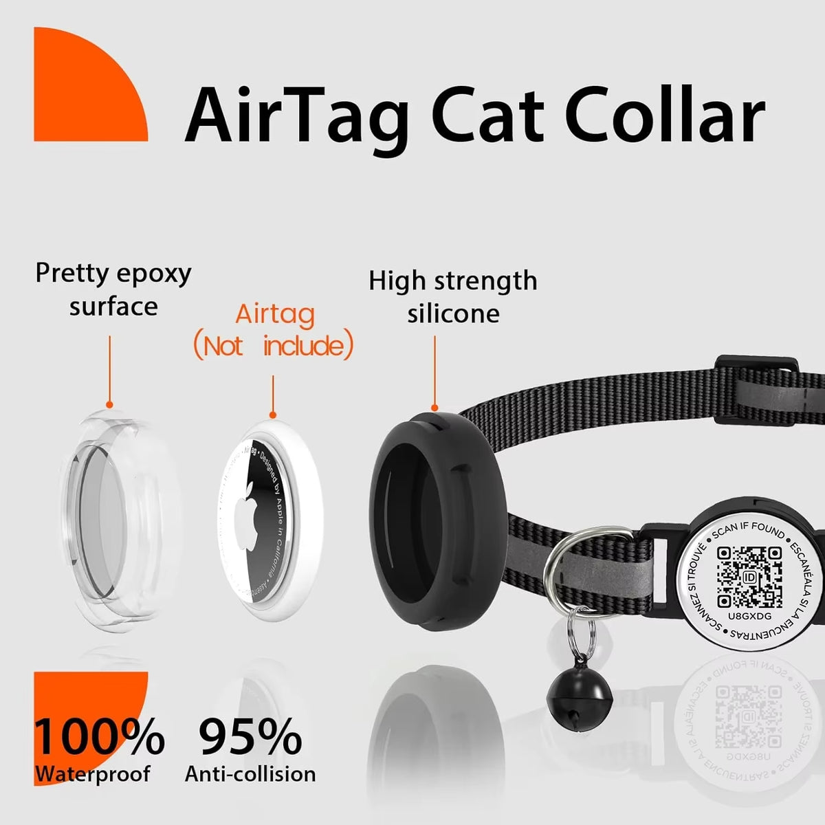 Anti-Loss Cat Collar with Airtag Holder, Breakaway QR Code Tag Buckle, Adjustable Kittens Collar with for Apple Air Tag Case