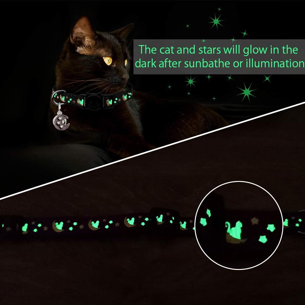2Pcs Breakaway Cats Collars Cat Collars for Boy Cats Moons Adjustable Kitten Collars with Bell & Pendant Glow in the Dark,Black+Blue