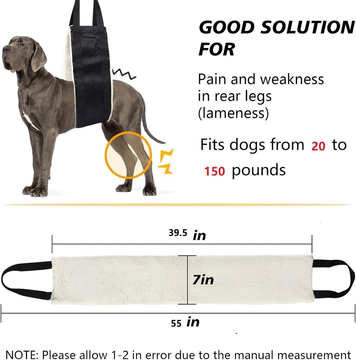 20-150Lb Dog Sling for Large Dogs Hind Leg Support, Hevy Duty Portable Dog Lift Harness for Back Legs, Dog Hip Harness Large Breed, Dogs Lifter to Help Lift Rear for Senior/Injured Dog
