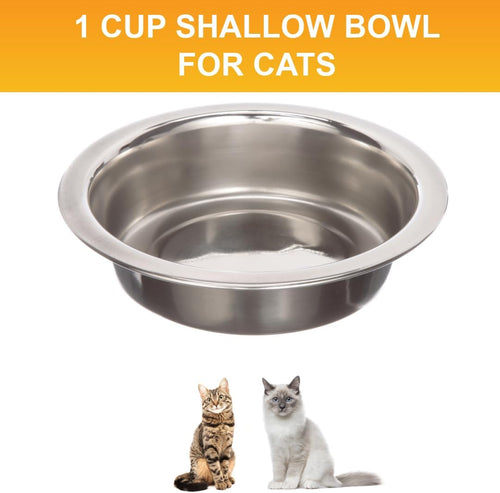 1 Cup (8 Oz.) Shallow Stainless Steel Cat Bowls, Set of 2 Neater Feeder Replacement Bowls (Express & Deluxe), Metal Cat Dishes for Food and Water, Whisker Friendly, Dishwasher Safe