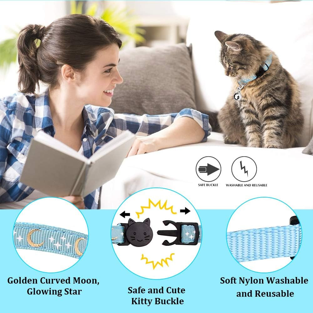 6 PCS Breakaway Cat Collars with Bell Golden Moon Glowing Star in the Dark for Kitten