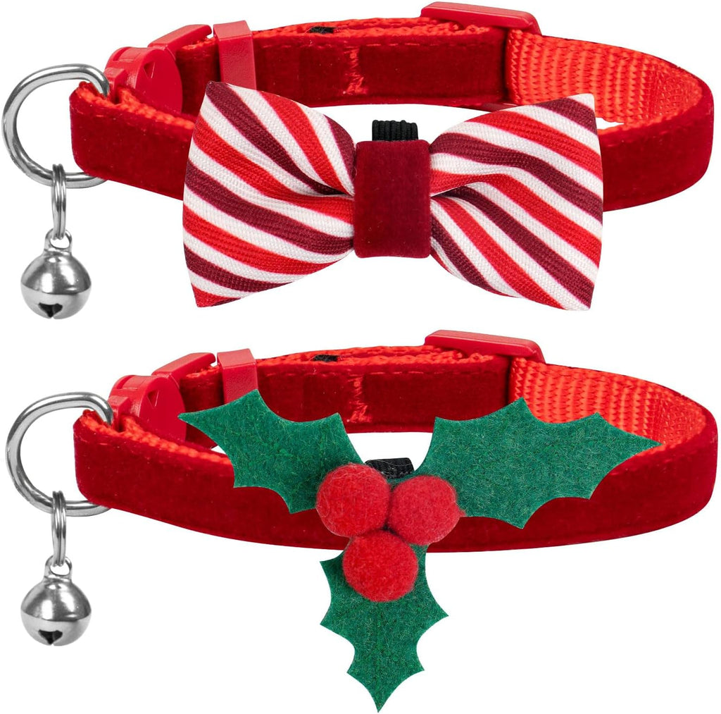 2 Pack Christmas Kitten Collars with Bell, Xmas Holly Bowtie Design
