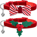 2 Pack Christmas Kitten Collars with Bell, Xmas Holly Bowtie Design