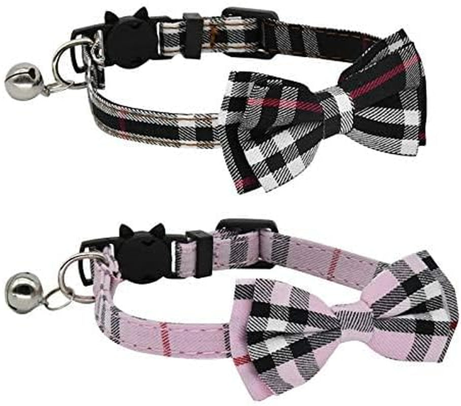 2 Pack/Set Cat Collar Breakaway with Cute Bow Tie and Bell for Kitty and Some Puppies, Adjustable from 7.8-10.5 Inch (Black+Pink)