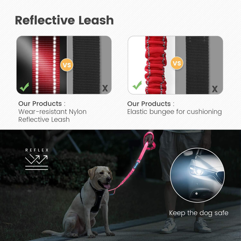 Multifunctional Dog Leash for Medium & Large Dogs - Red Adjustable with Car Seatbelt, 4-6 FT Strong Bungee