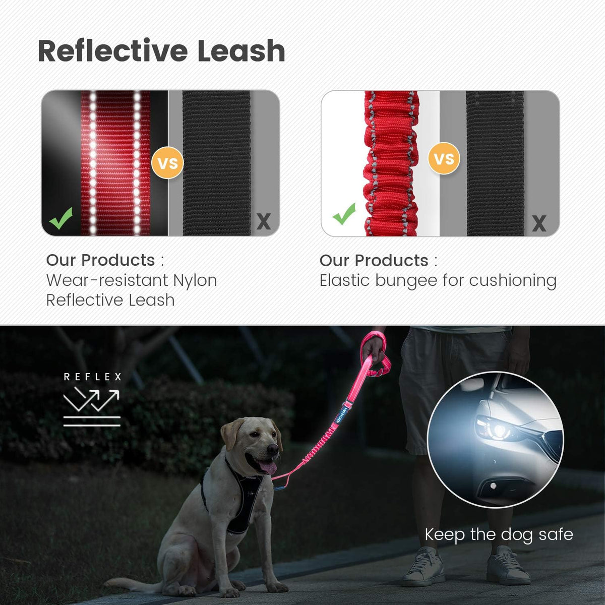 Multifunctional Dog Leash for Medium & Large Dogs - Red Adjustable with Car Seatbelt, 4-6 FT Strong Bungee