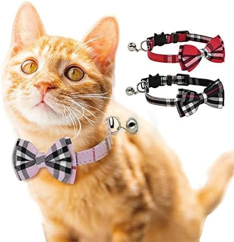 2 Pack/Set Cat Collar Breakaway with Cute Bow Tie and Bell for Kitty and Some Puppies, Adjustable from 7.8-10.5 Inch (Black+Pink)