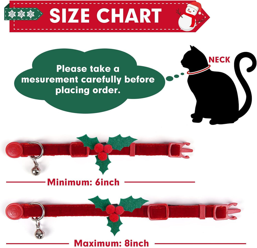 2 Pack Christmas Kitten Collars with Bell, Xmas Holly Bowtie Design