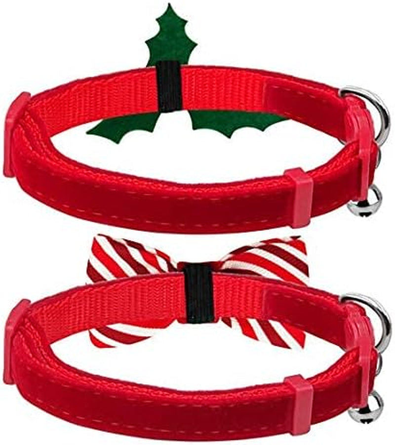 2 Pack Christmas Kitten Collars with Bell, Xmas Holly Bowtie Design
