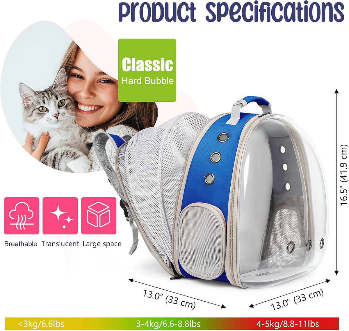 Back Extension Cat Travel Carrier Backpack (Blue, Clear Window)