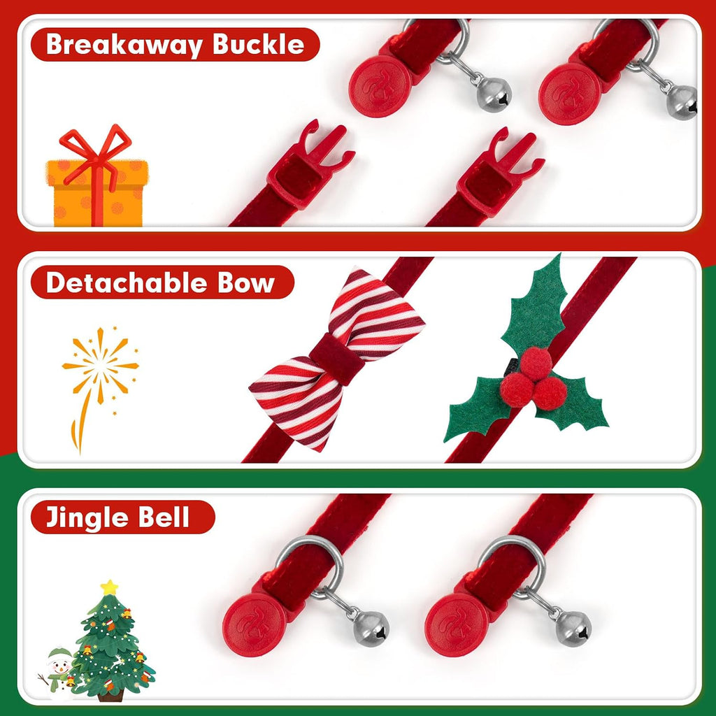 2 Pack Christmas Kitten Collars with Bell, Xmas Holly Bowtie Design
