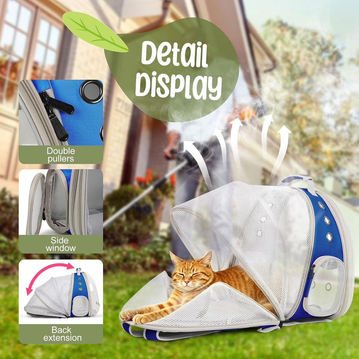 Back Extension Cat Travel Carrier Backpack (Blue, Clear Window)