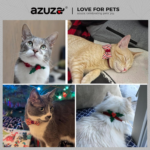 2 Pack Christmas Kitten Collars with Bell, Xmas Holly Bowtie Design