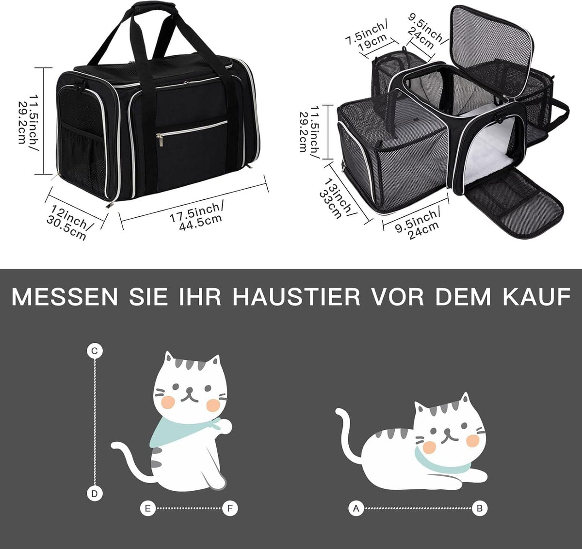 Cat Carrier Bag,Airline Approved Pet Carrier Soft Side Pet Travel 5 Sides Open Doors 3 Sides Expandable Foldable Dog Carrier with Fleece Pad
