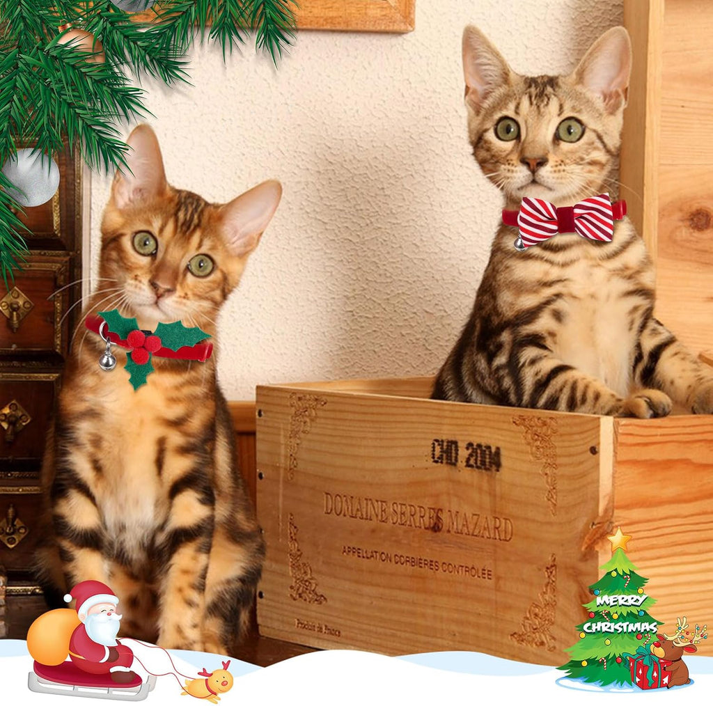 2 Pack Christmas Kitten Collars with Bell, Xmas Holly Bowtie Design