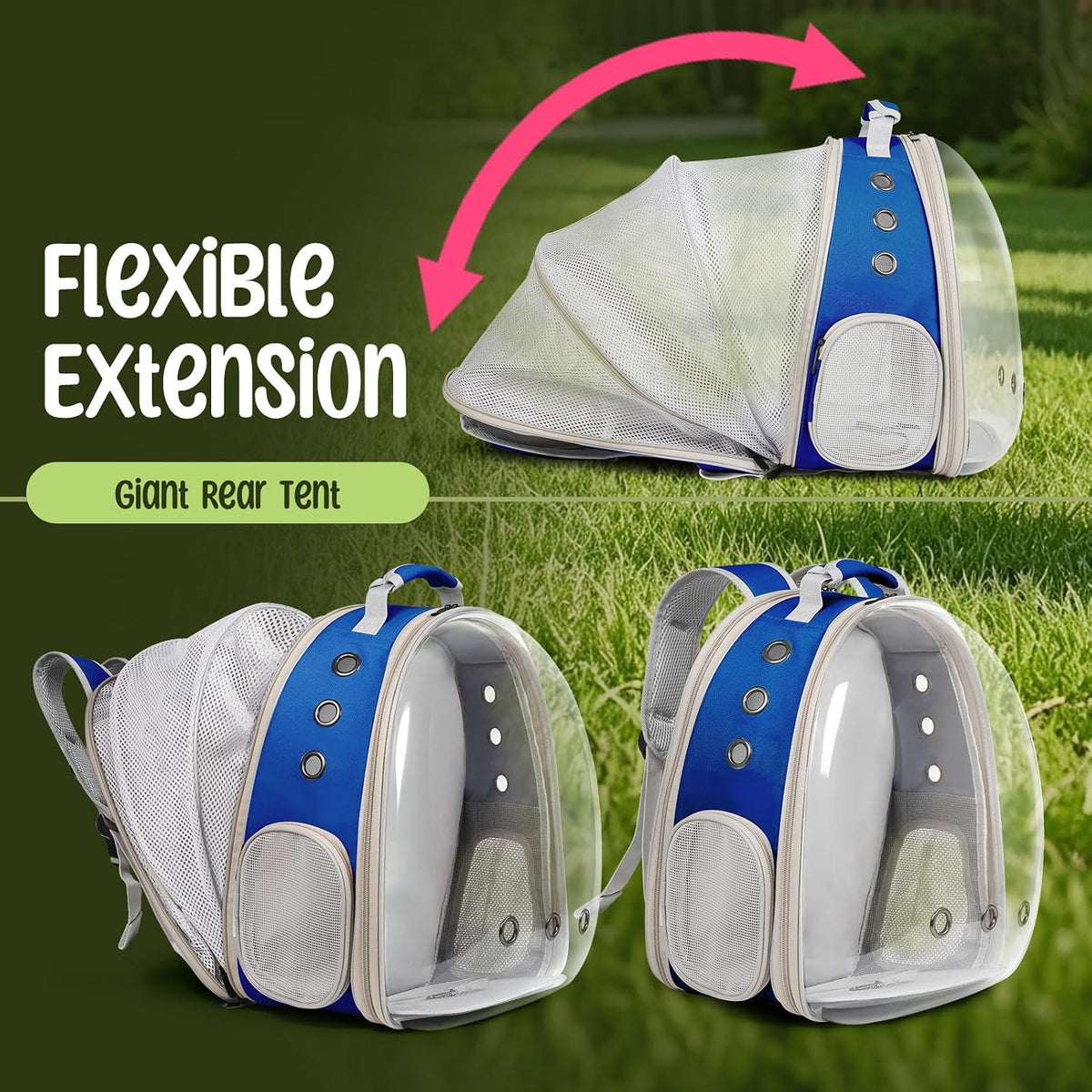 Back Extension Cat Travel Carrier Backpack (Blue, Clear Window)