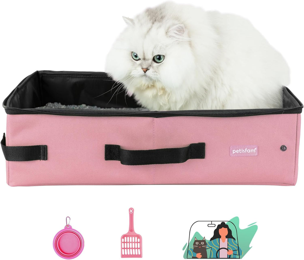 Smell-Contained Portable Cat Travel Litter Box with Zipped Lid to Keep Odor and Litter Contained. Lightweight to Carry to Anywhere (Pink, Medium)