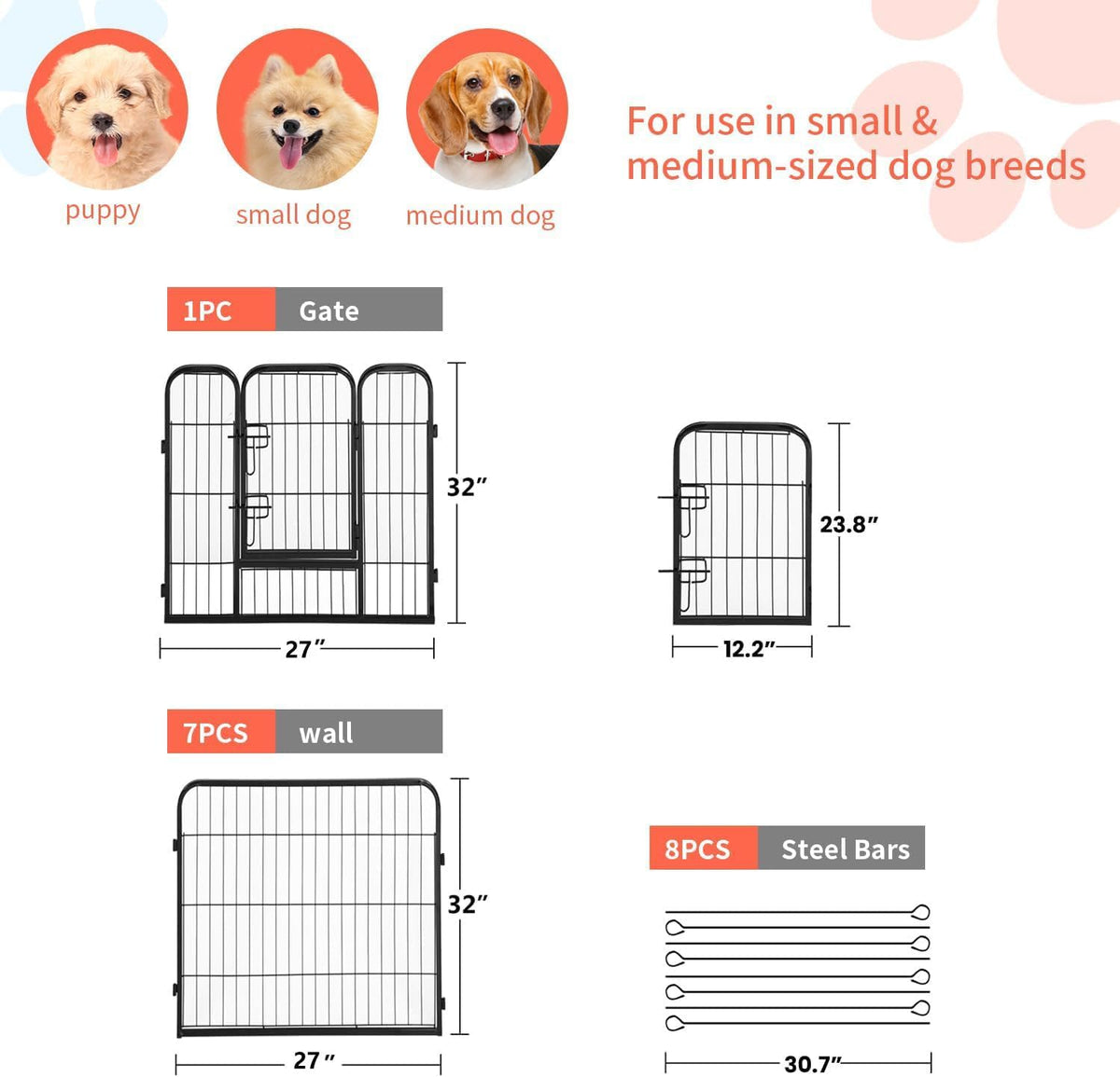 Dog Playpen Dog Pen Dog Kennel 8 Panels 32 Inch Hight Indoor Outdoor Folding Metal Portable Puppy Exercise Pen Heavy Duty Dog Fence for Yard Camping,Black