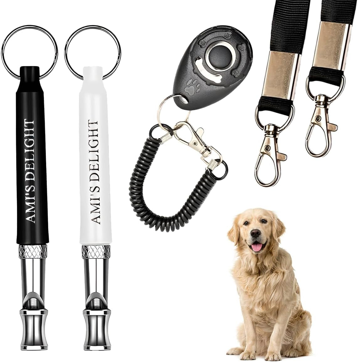 Dog Whistle Set of 5 | 2PCS Premium Quality Adjustable Dog Whistles with 2 Black Lanyards and a Dog Clicker | Ultrasonic Dog Whistle to Stop Barking Neighbors Dog