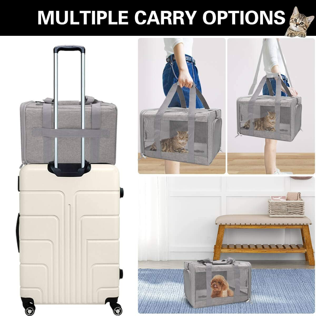 Cat Carriers Dog Carrier Pet Carrier for Small Medium Cats Dogs Puppies up to 15 Lbs, Airline Approved Small Dog Carrier Soft Sided, Collapsible Travel Puppy Carrier - Grey