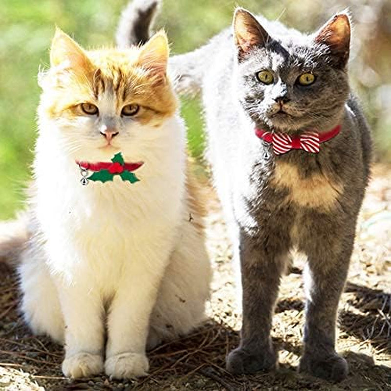 2 Pack Christmas Kitten Collars with Bell, Xmas Holly Bowtie Design