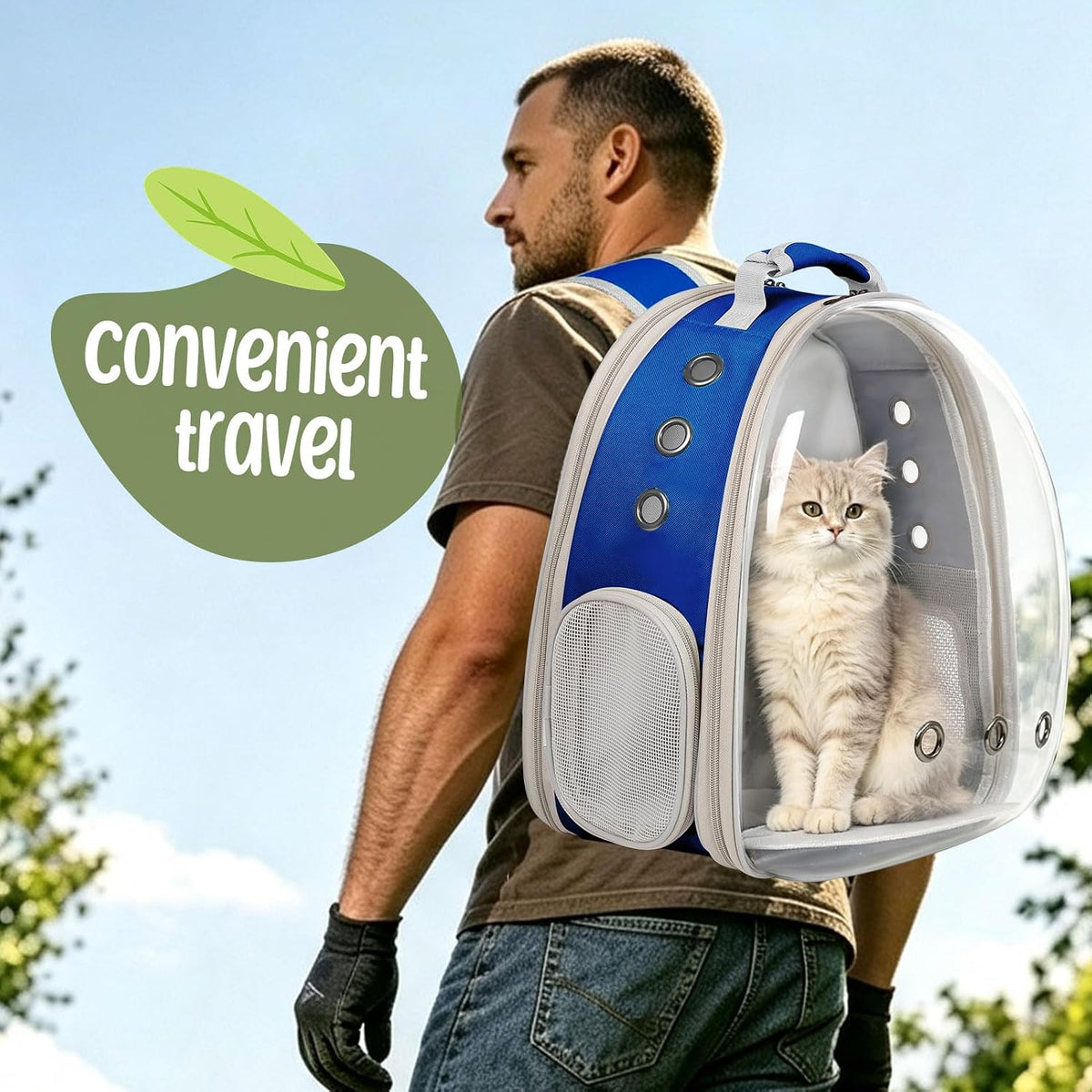 Back Extension Cat Travel Carrier Backpack (Blue, Clear Window)